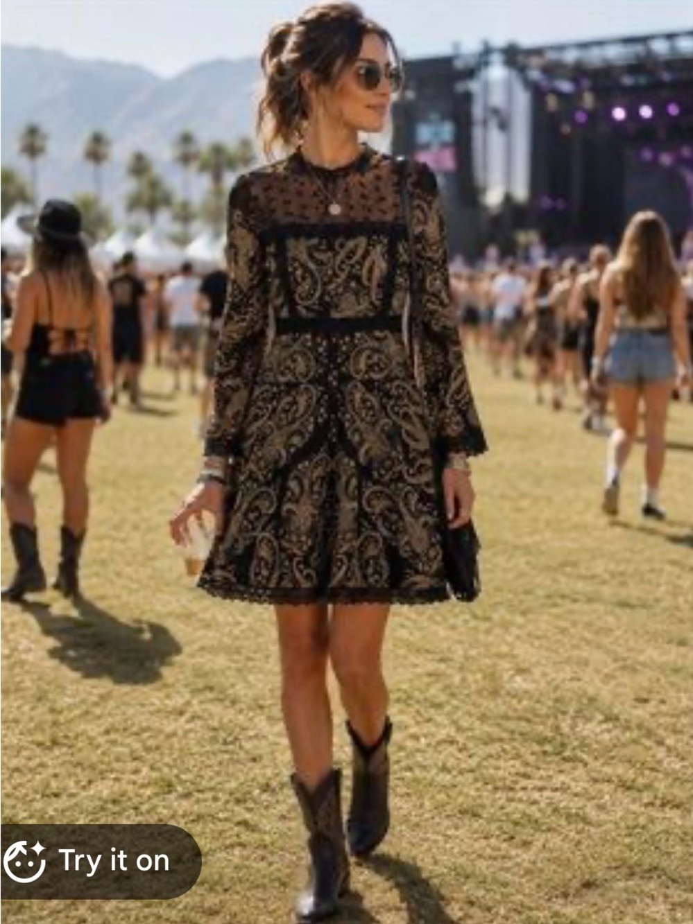 cupcakes & cashmere Black Paisley Midi Dress with Sheer Dot Yoke